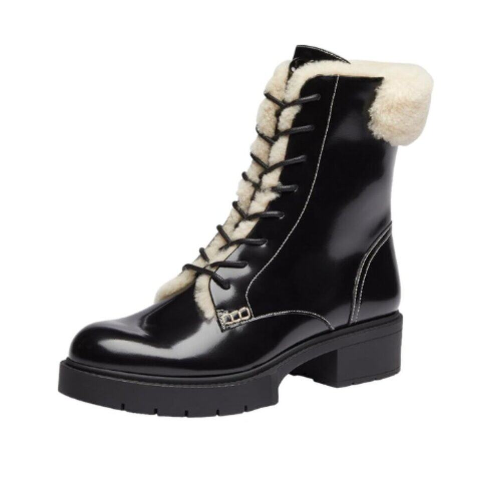 Coach Leighton Combat Boots Black Shearling Trim Lace-Up - Size 8.5